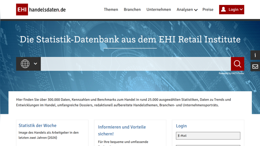 EHI Retail Institute homepage featuring a search bar and links to statistics and analysis.