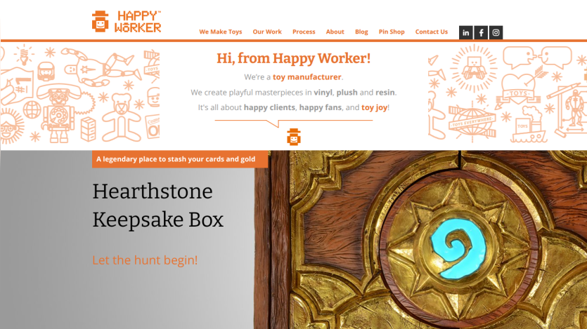 Homepage of Happy Worker featuring a greeting and a Hearthstone Keepsake Box.