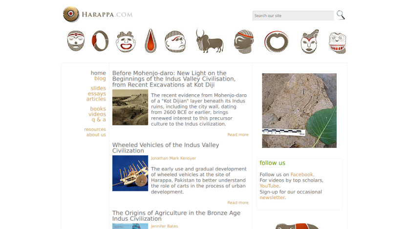 Homepage of Harappa.com featuring articles on ancient civilization and archaeology.