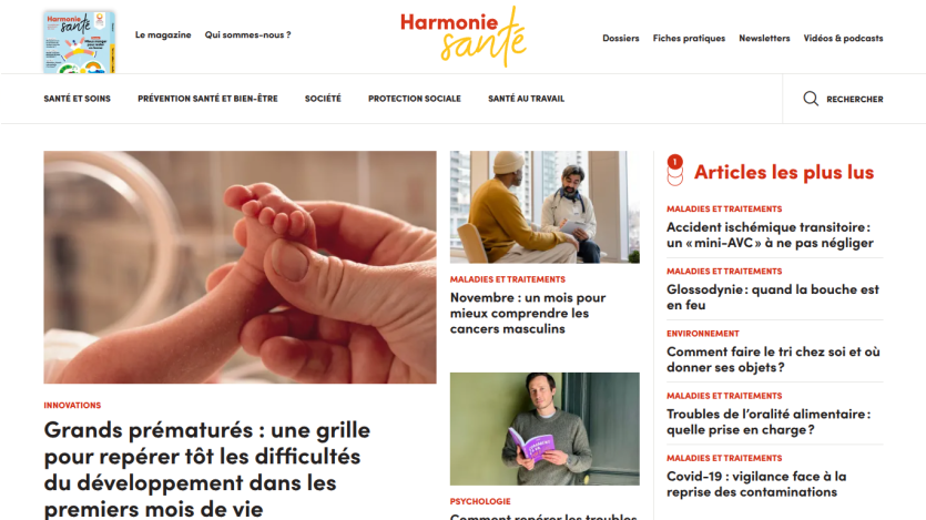Health magazine homepage featuring articles on premature infants, male cancers, and popular health topics in French