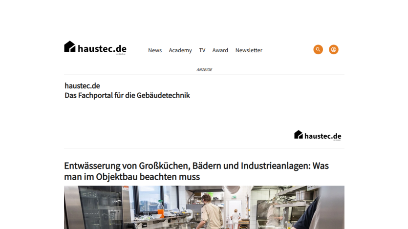 Fachportal haustec.de with navigation and article on drainage in large kitchens, bathrooms, and industrial facilities