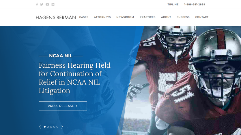 Law firm homepage with headline about NCAA NIL litigation and images of football players