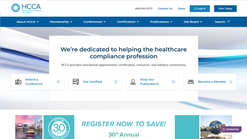 Healthcare Compliance Association homepage with navigation and options to attend conferences, get certified, shop publications, and become a member