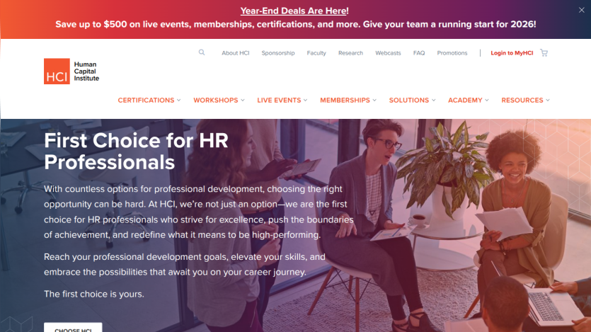 Human Capital Institute homepage with navigation and a hero section promoting professional development for HR professionals