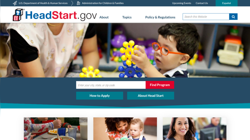 Head Start website with a child playing and options to find programs and learn about Head Start.