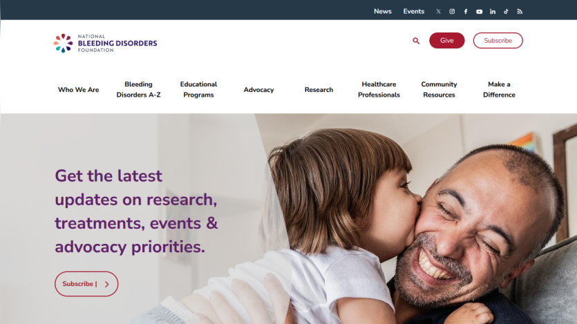 National Bleeding Disorders Foundation homepage with navigation and a hero section promoting updates on research, treatments, events, and advocacy