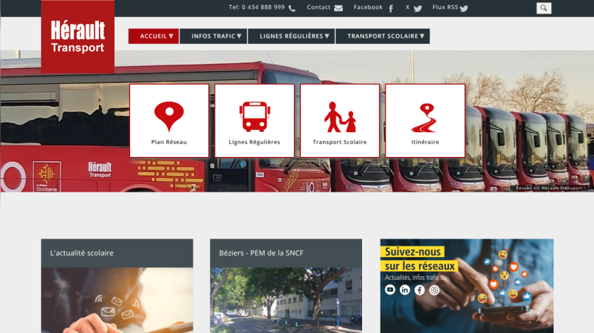 Hérault Transport website with navigation menu and icons for network plan, regular lines, school transport, and itinerary over a bus image