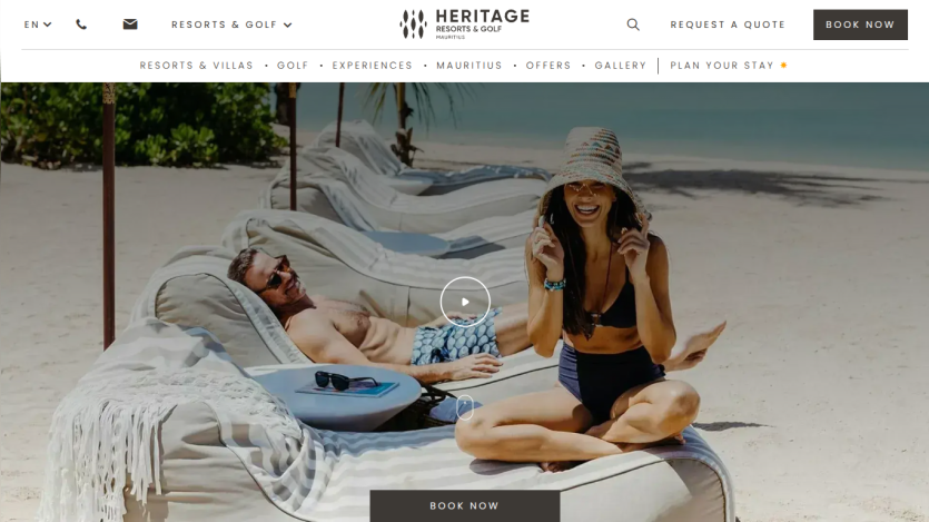 Heritage Resorts & Golf Mauritius website with beach scene and booking options