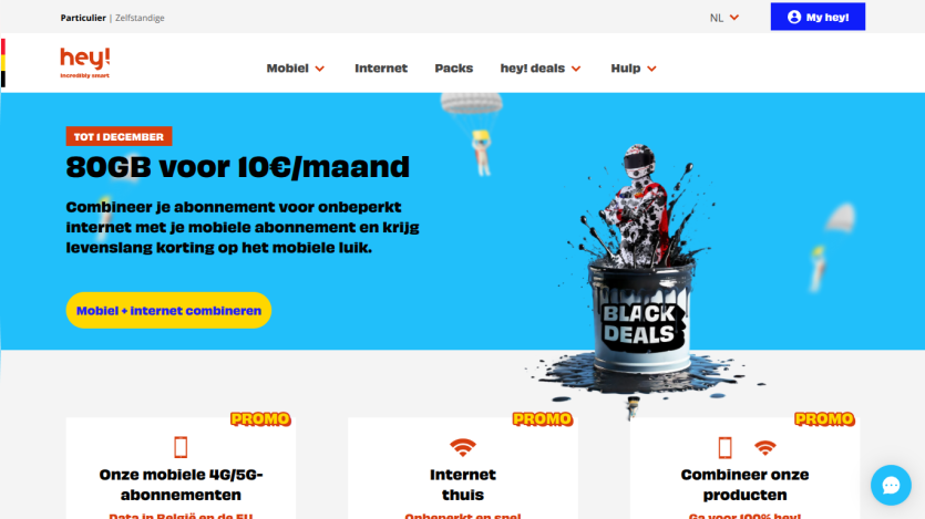 Telecom website offering 80GB for 10€/month with combined mobile and internet plans and black deals promotion.