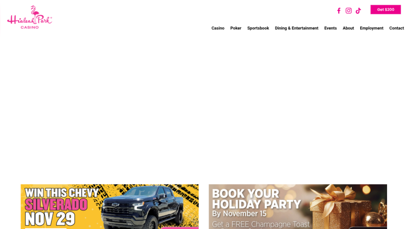 Hialeah Park Casino website header with navigation and promotions for winning a Chevy Silverado and booking holiday parties