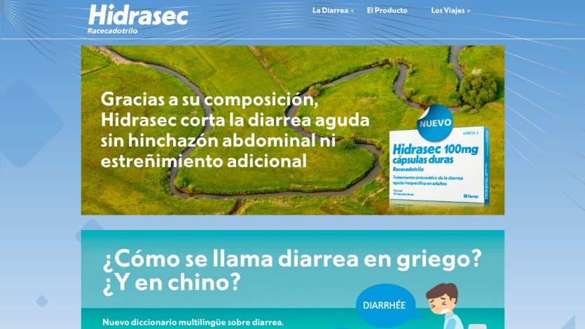 Hidrasec website showcasing product benefits and a question about diarrhea in different languages.
