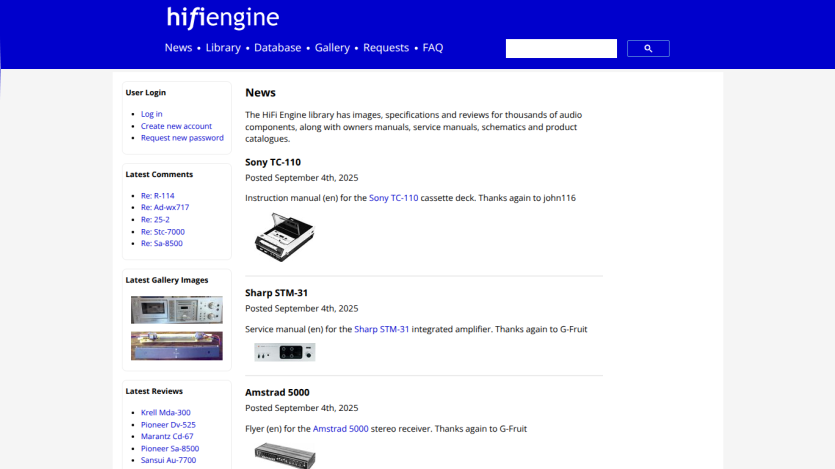Homepage of HiFi Engine displaying news and product listings for audio equipment.