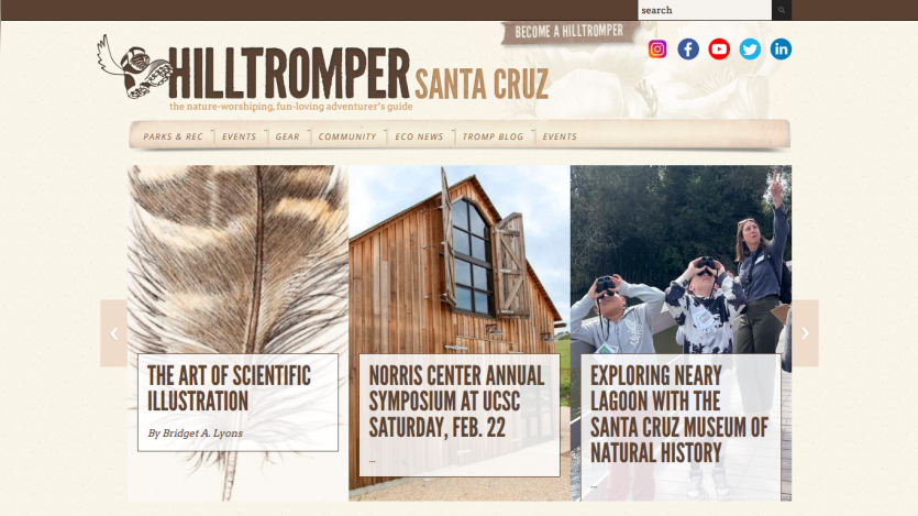 Homepage of Hilltromper featuring articles on scientific illustration and local events.