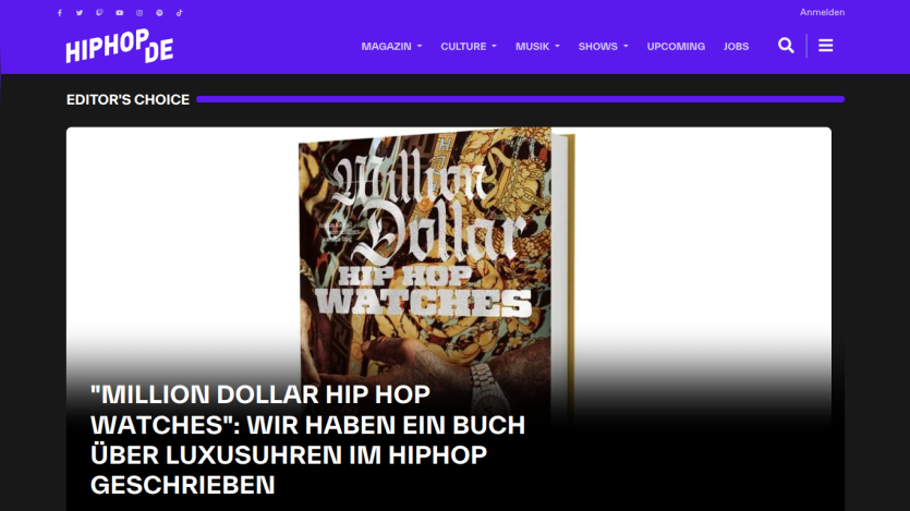 HipHopDE homepage featuring an article titled 'Million Dollar Hip Hop Watches' about luxury watches in hip hop culture