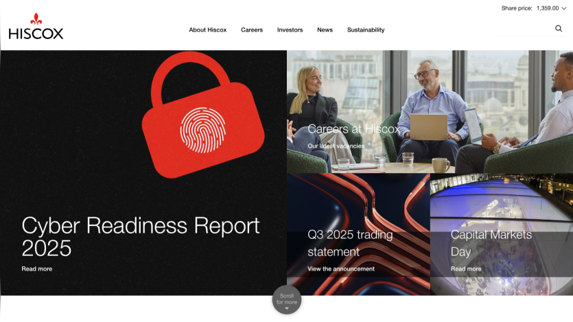 Hiscox homepage featuring Cyber Readiness Report 2025, Careers, Q3 2025 trading statement, and Capital Markets Day sections