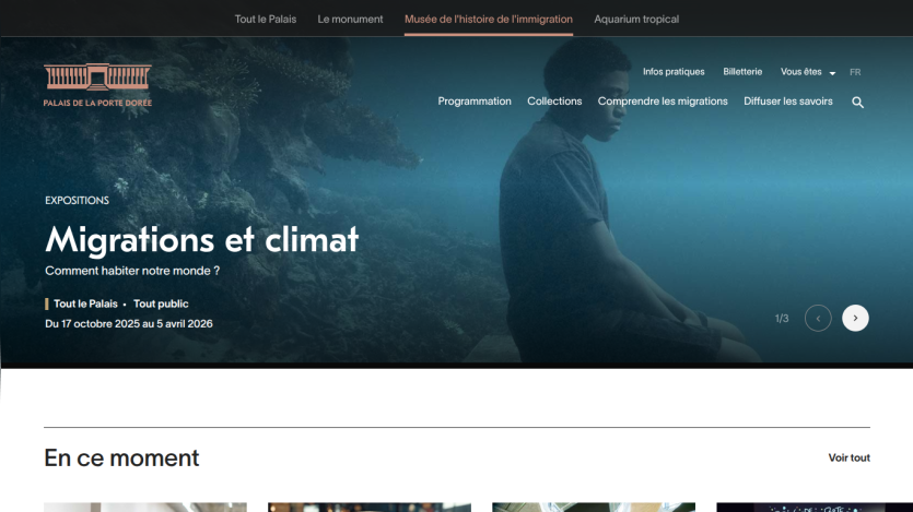 Exhibition page titled 'Migrations et climat' with a large whale image and navigation menu in French