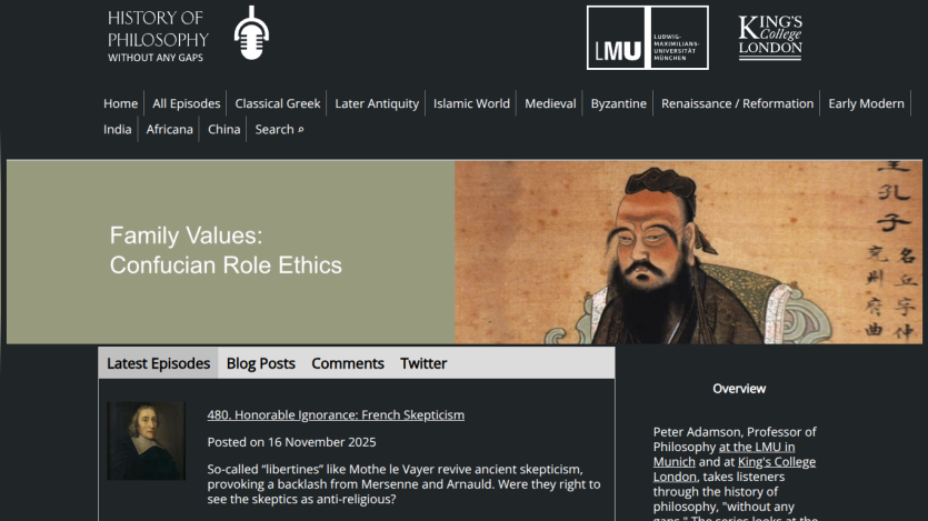 History of Philosophy podcast homepage featuring episode on Confucian role ethics and latest episodes list