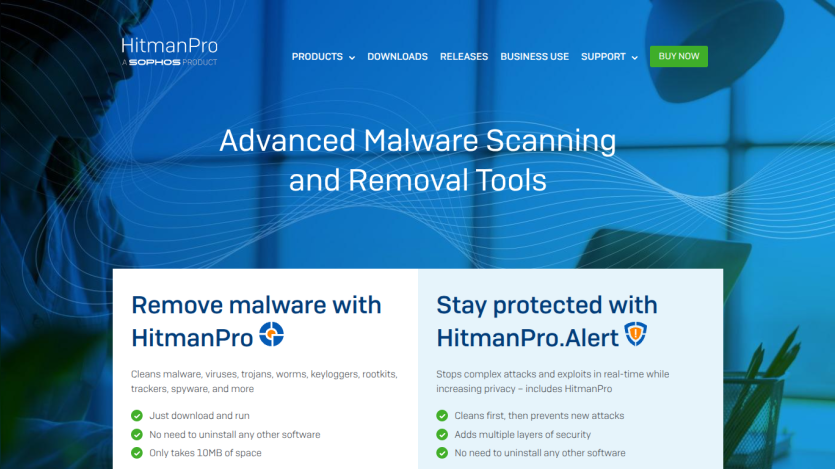 Advanced malware scanning and removal tools with key features listed.