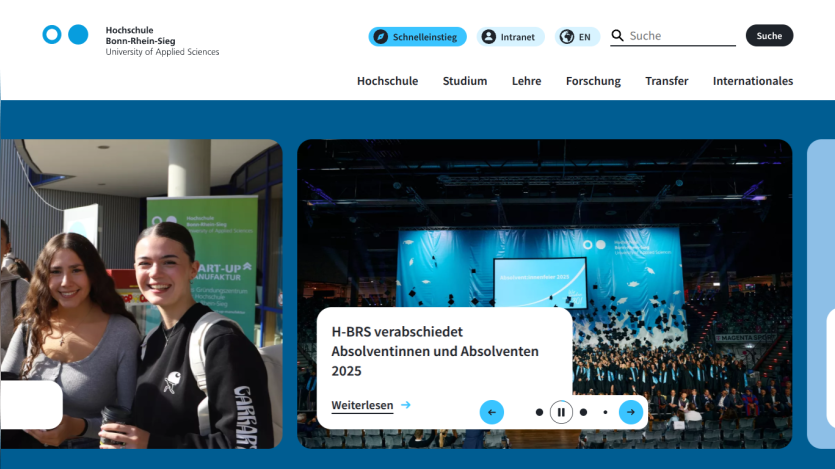 University of Applied Sciences Bonn-Rhein-Sieg homepage with smiling students and announcement of 2025 graduates