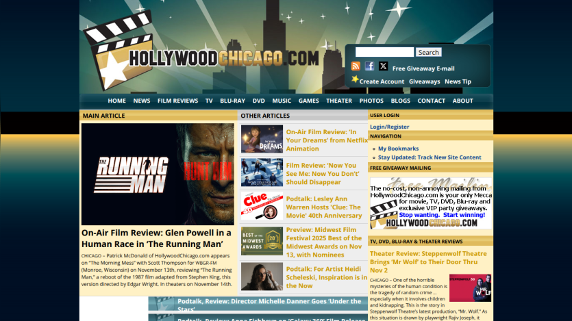 HollywoodChicago.com homepage featuring film reviews, news, and giveaways with a main article on 'The Running Man' film review
