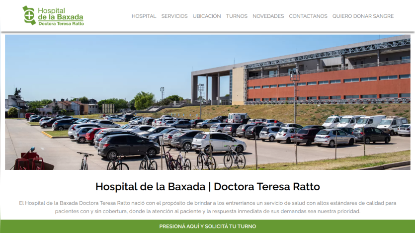 Hospital de la Baxada Doctora Teresa Ratto website with navigation menu and a parking lot hero image.