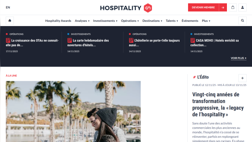 Hospitality website homepage with navigation menu, news headlines, and editorial article on hospitality transformation.