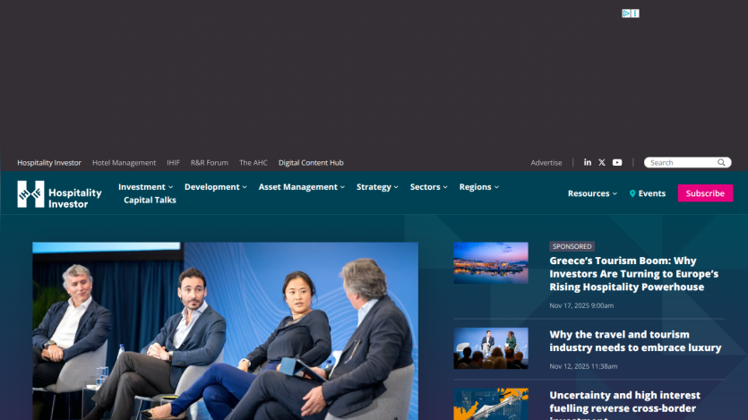 Hospitality Investor website with navigation menu, panel discussion image, and articles on tourism and travel industry