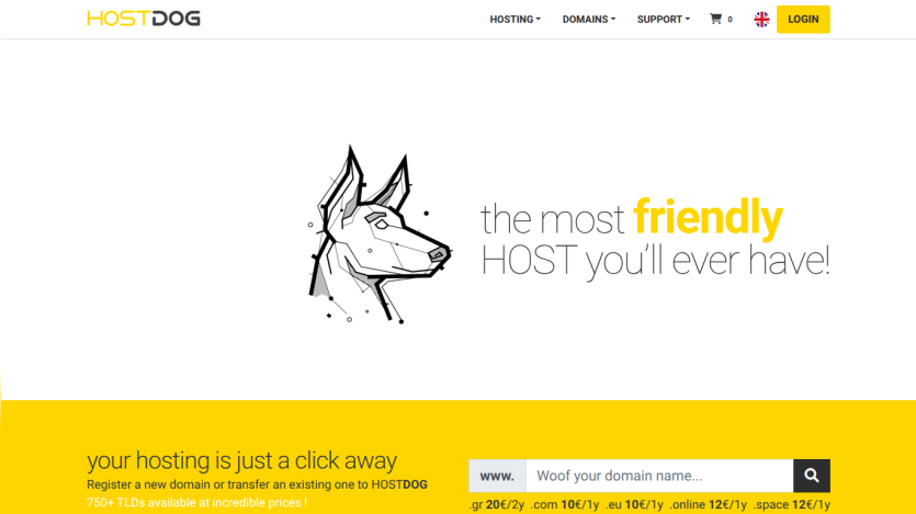 Hosting service homepage with friendly host message and domain search bar with pricing