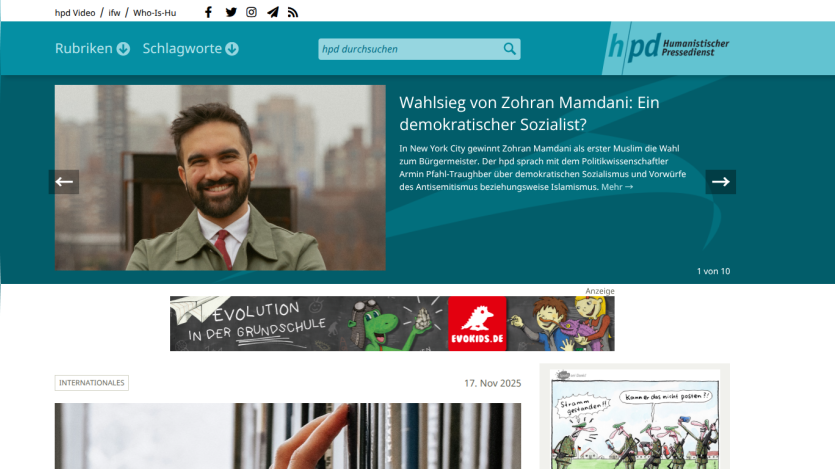 Humanistischer Pressedienst website with navigation, search bar, and hero article on church sexual violence study