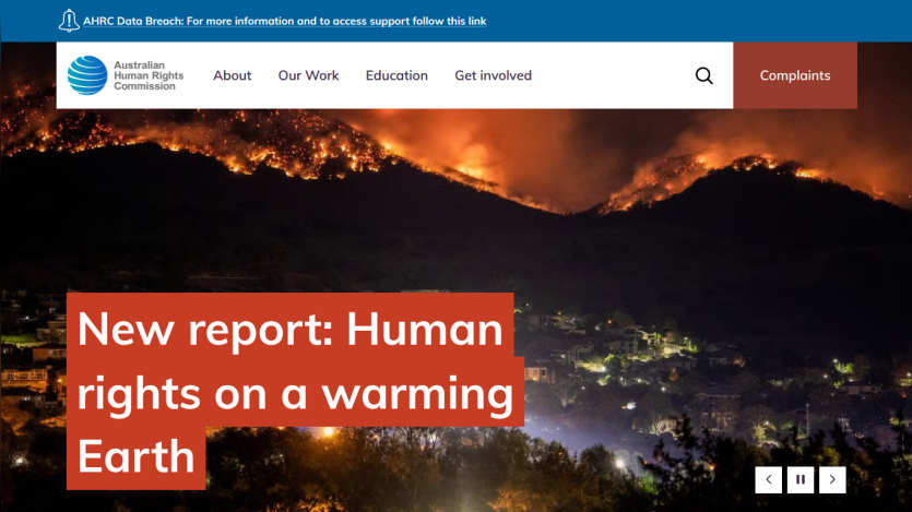 Australian Human Rights Commission homepage with navigation and a report on neurotechnology and human rights