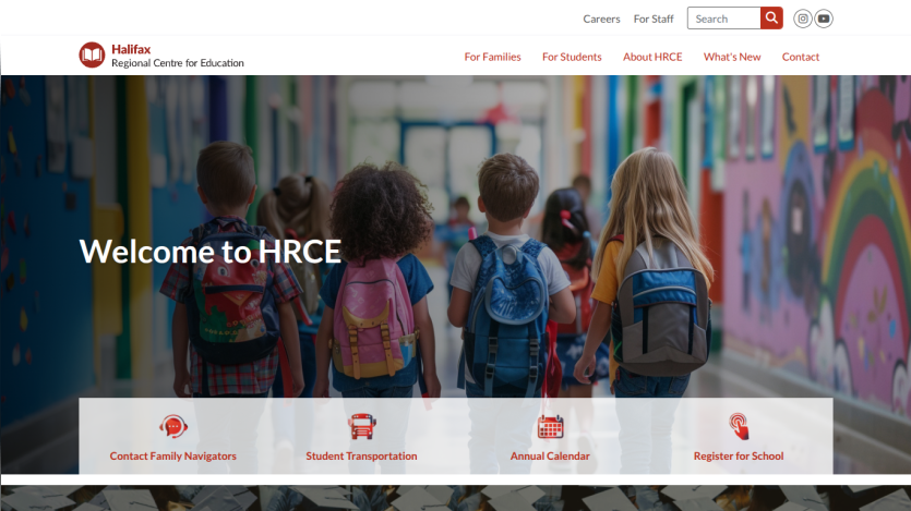 Homepage of HRCE with children walking in a colorful hallway and welcome message.