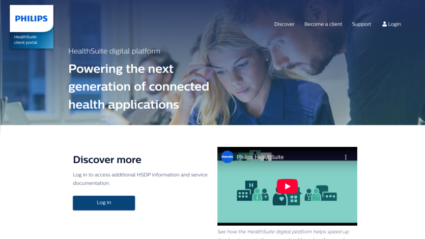 Philips HealthSuite platform homepage featuring a tagline and a video preview.