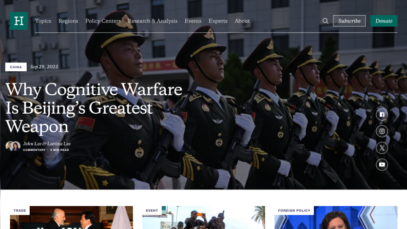 Article headline about cognitive warfare with an image of soldiers in uniform.