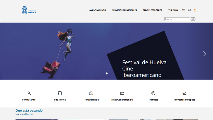 Huelva city website with navigation menu, search bar, and banner for Festival de Huelva Cine Iberoamericano