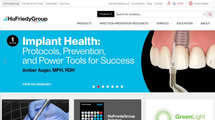 HuFriedyGroup website with navigation, search, and hero banner about implant health protocols by Amber Auger.