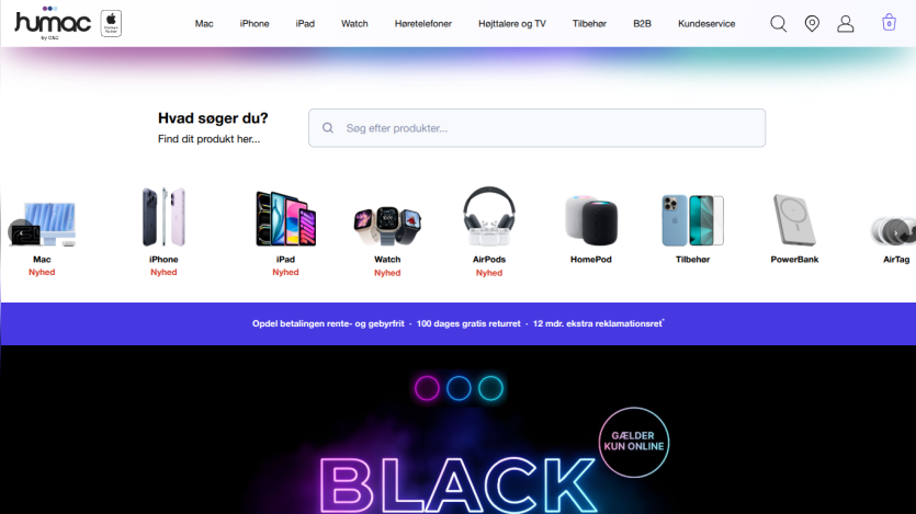 Apple product categories with search bar and Black Friday online sale promotion