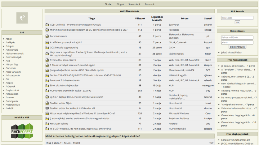 Hungarian tech forum homepage showing active topics, navigation menu, login section, and recent comments