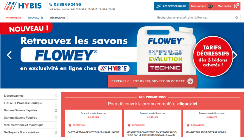 Homepage of HYBIS featuring Flowey products with promotional banner and product categories.