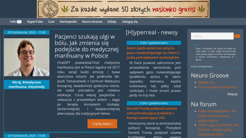 News website homepage with articles on medical marijuana in Poland and legal updates on cannabis products in the US