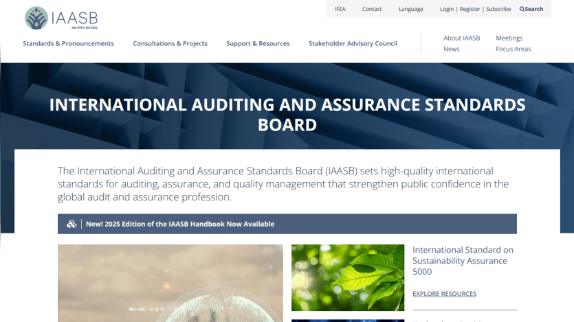 International Auditing and Assurance Standards Board homepage with navigation and announcement of 2025 IAASB Handbook edition