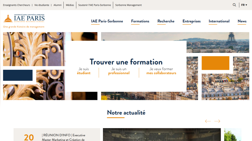 IAE Paris-Sorbonne business school homepage with navigation and training options for students, professionals, and collaborators.
