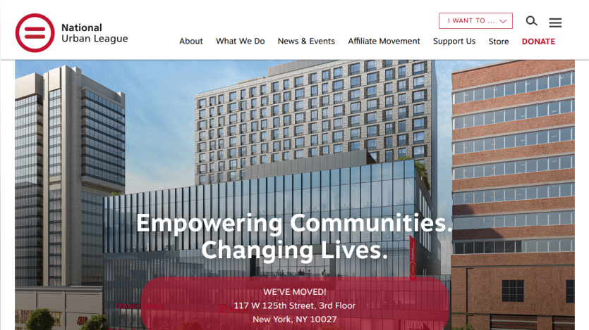 Homepage of the National Urban League featuring a mission statement and location details.