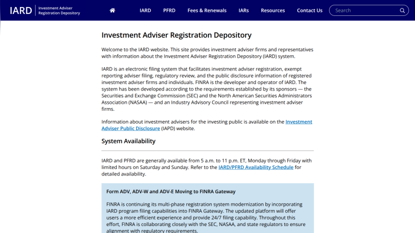 Investment Adviser Registration Depository overview and system availability details.