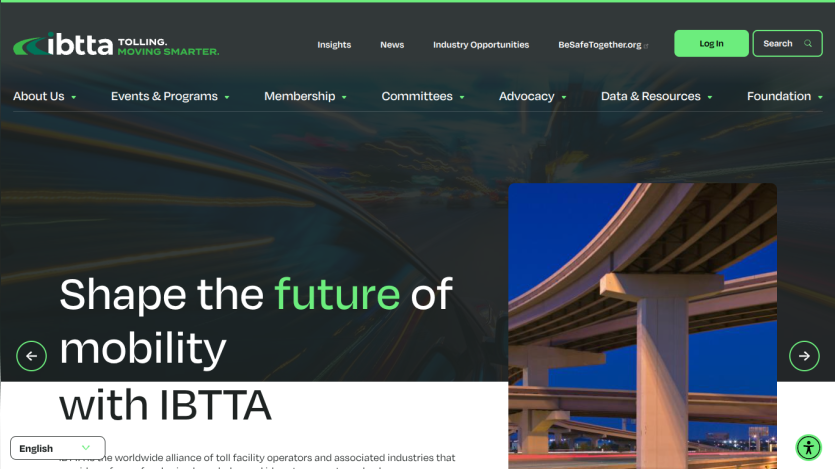 Homepage of IBTTA featuring a highway image and text about shaping the future of mobility.
