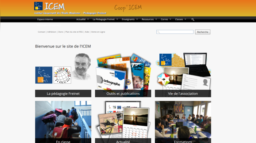 Homepage of ICEM with welcome message and various educational resources displayed.