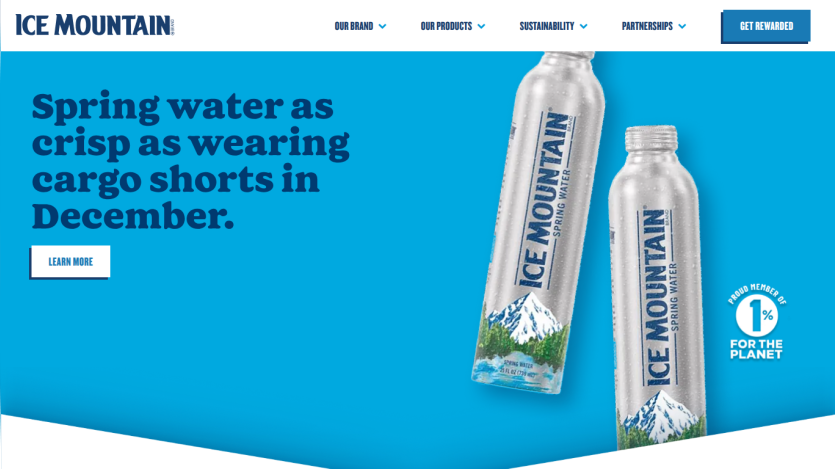 Ice Mountain spring water homepage with tagline and product bottles, navigation menu, and call to action button