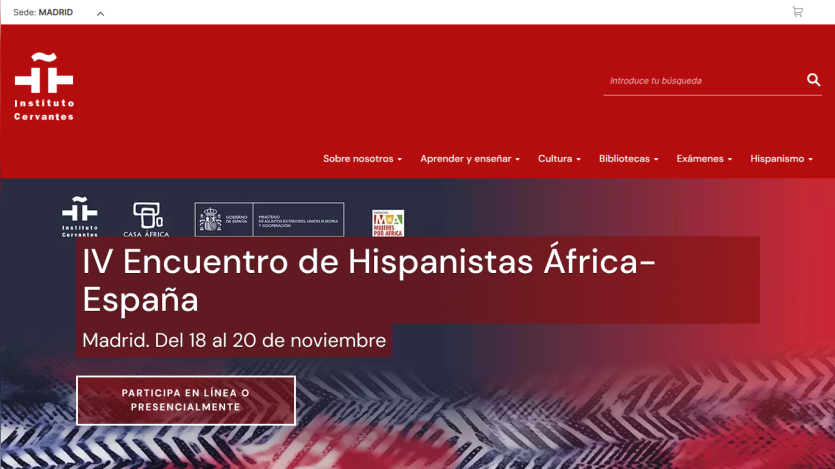 Instituto Cervantes website promoting the IV Encuentro de Hispanistas África-España event in Madrid from November 18 to 20 with online or in-person participation.
