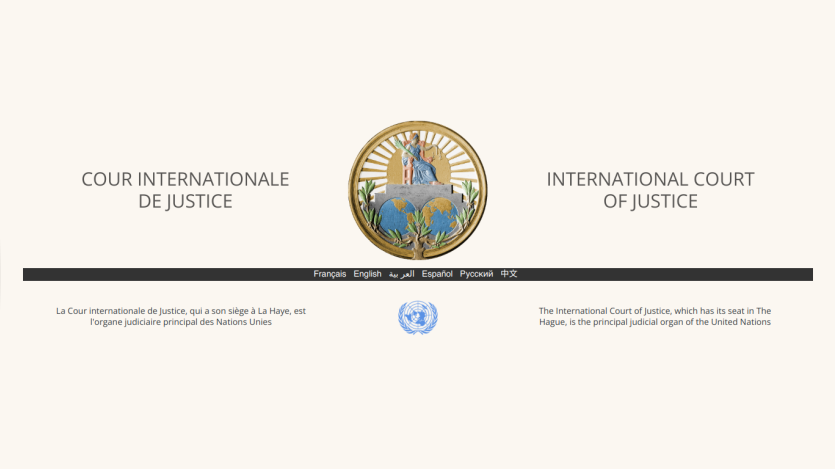 Header of the International Court of Justice with logo and text in French and English.