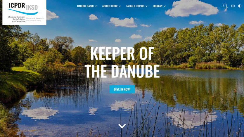 Homepage of ICPDR with a river background and text 'Keeper of the Danube' and a call-to-action button