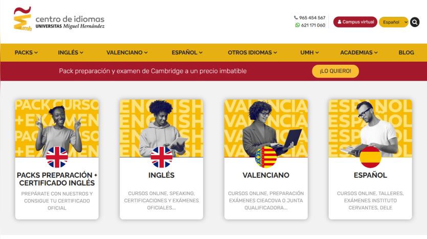 Language courses offered: English, Valenciano, and Spanish with certification details.